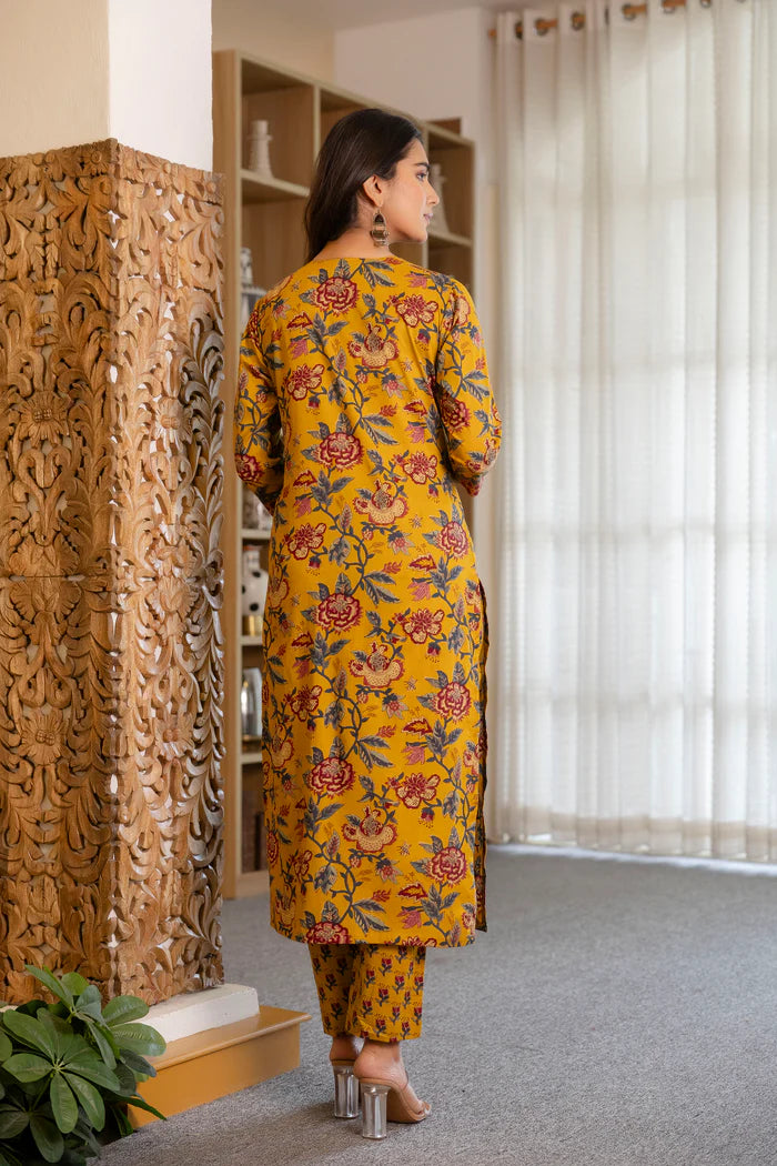 Yellow Cotton Printed Kurta and Pant With Cotton Mulmul Dupatta For Women