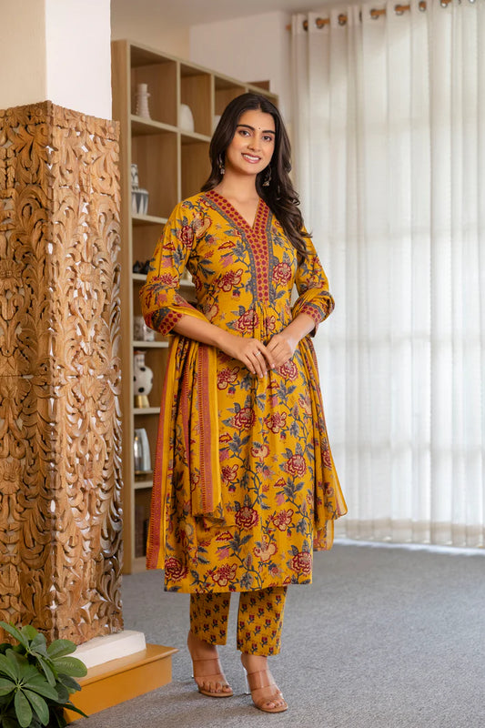Yellow Cotton Printed Kurta and Pant With Cotton Mulmul Dupatta For Women