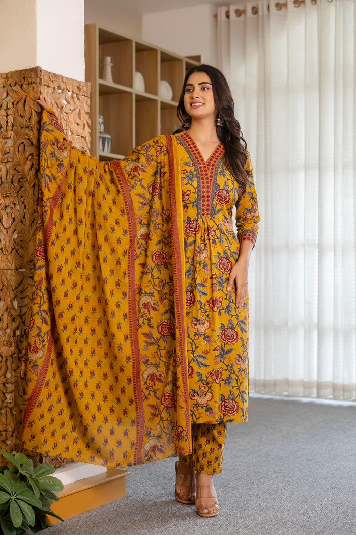 Yellow Cotton Printed Kurta and Pant With Cotton Mulmul Dupatta For Women