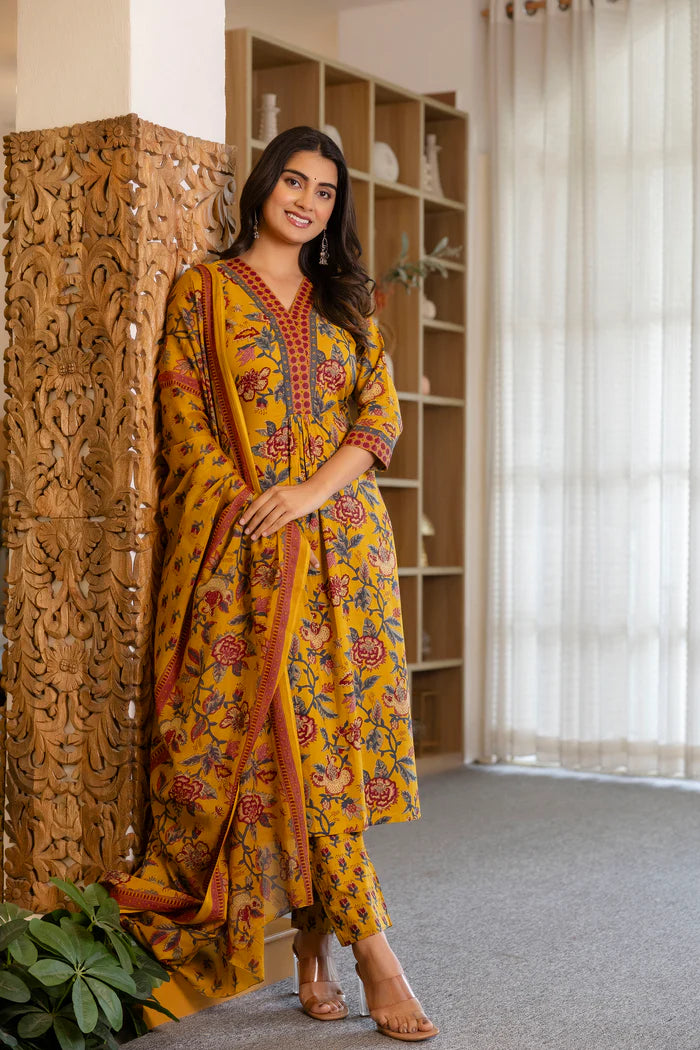 Yellow Cotton Printed Kurta and Pant With Cotton Mulmul Dupatta For Women