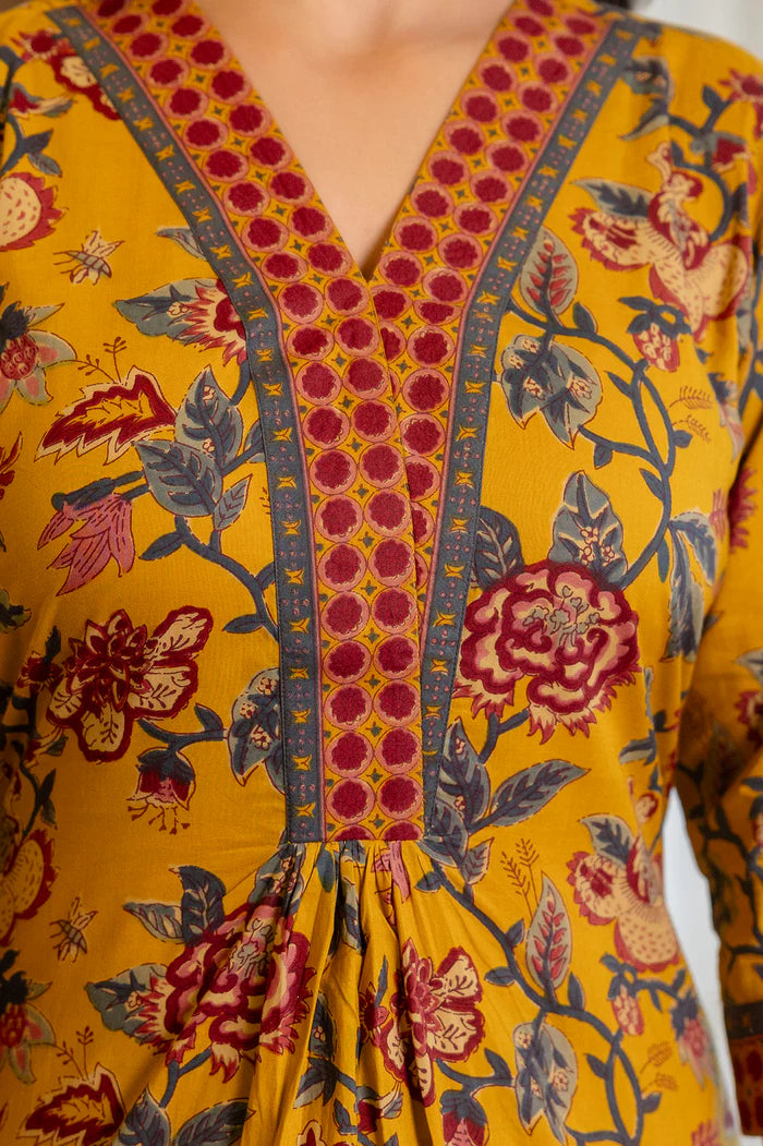 Yellow Cotton Printed Kurta and Pant With Cotton Mulmul Dupatta For Women
