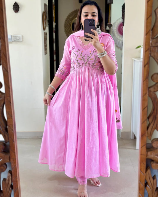 Pink Pure Cotton Kurta and Pants With Dupatta | For Women