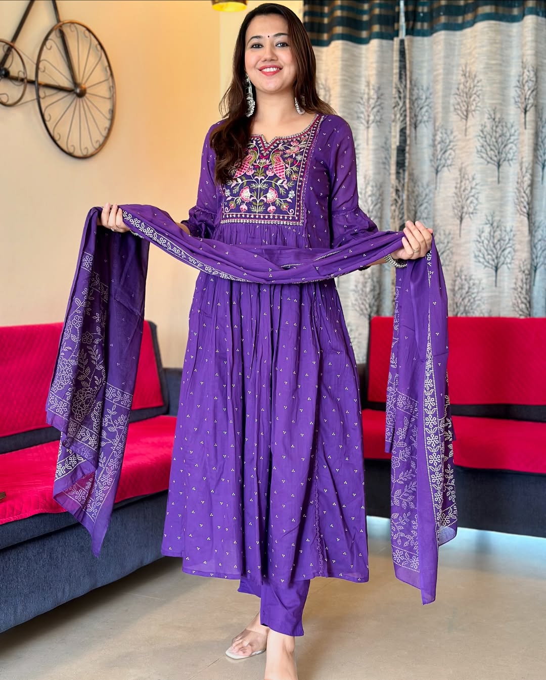 Purple Cotton Printed Kurta And Pant With Mulmul Dupatta | For Women