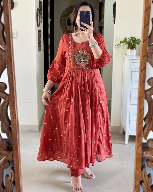 Orange Pure Cotton Embroidered Kurta and Pants with Dupatta For Women