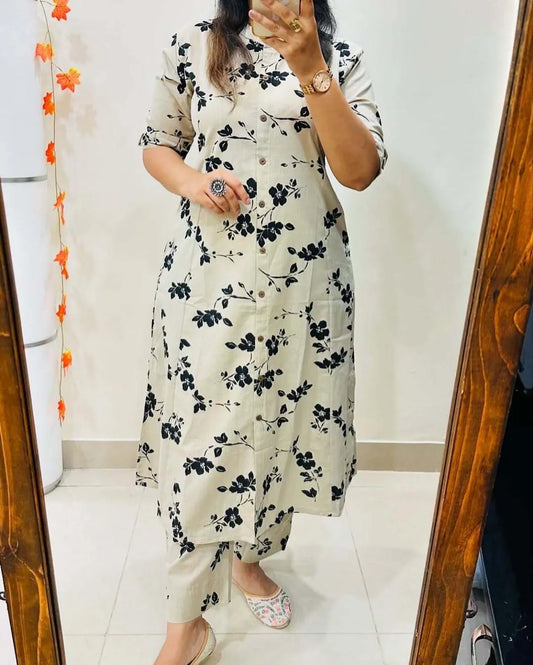 Cream Pure Cotton Printed Kurta And Pants For Women