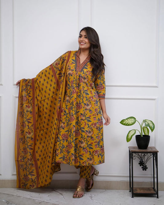 Yellow Pure Cotton Kurta and Pants With Dupatta | For Women