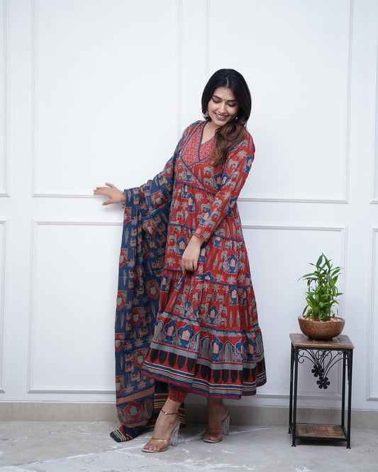 Red Cotton Printed Kurta and Pant With Cotton Mulmul Dupatta For Women