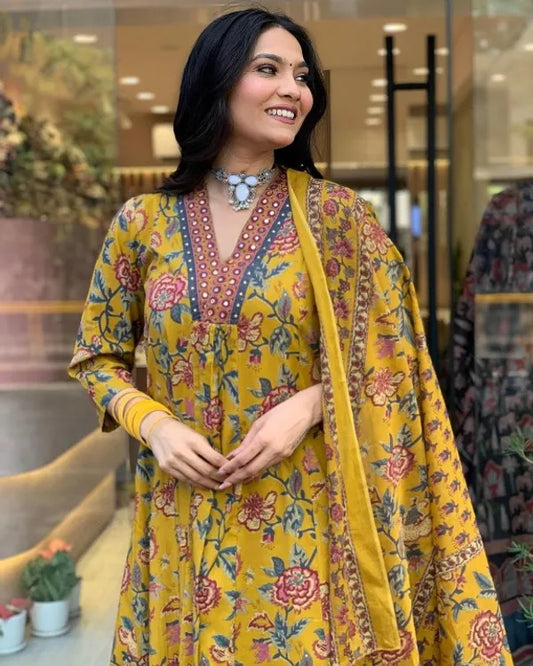 Yellow Cotton Printed Kurta and Pant With Cotton Mulmul Dupatta For Women