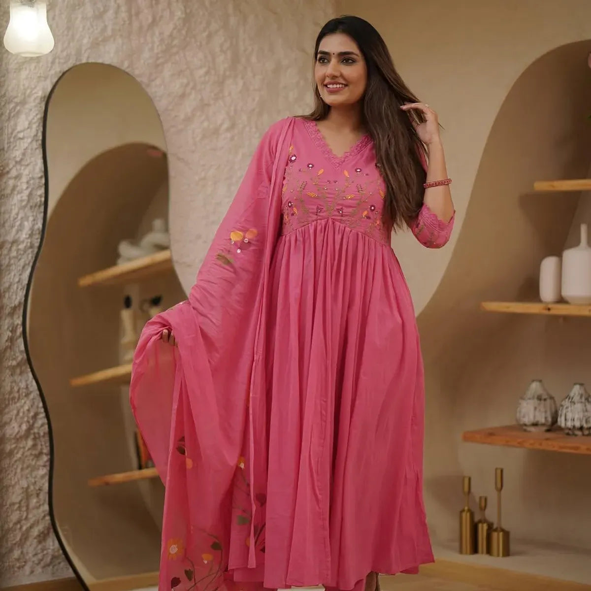 Peach Pure Cotton Kurta and Pants With Dupatta For Women