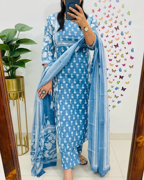 Premium Navy Blue Printed Cotton Anarkali Suit set