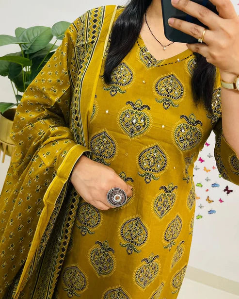 Mustard Yellow Printed Cotton Straight Kurta Suit With Dupatta