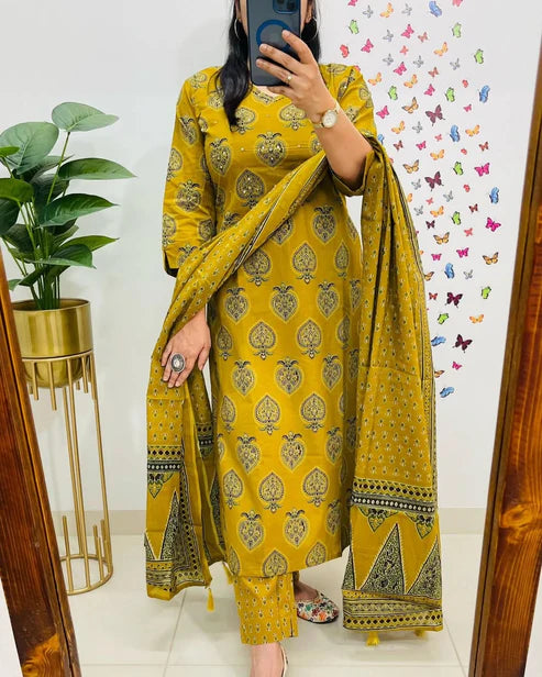Mustard Yellow Printed Cotton Straight Kurta Suit With Dupatta
