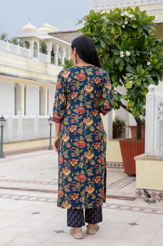 Blue Cotton Printed Kurta And Pant With Mulmul Dupatta For Women