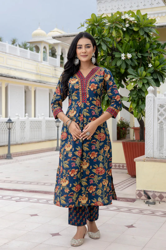 Blue Cotton Printed Kurta And Pant With Mulmul Dupatta For Women