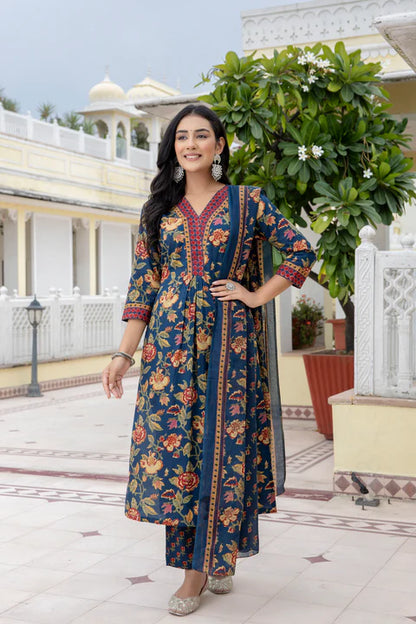 Blue Cotton Printed Kurta And Pant With Mulmul Dupatta For Women