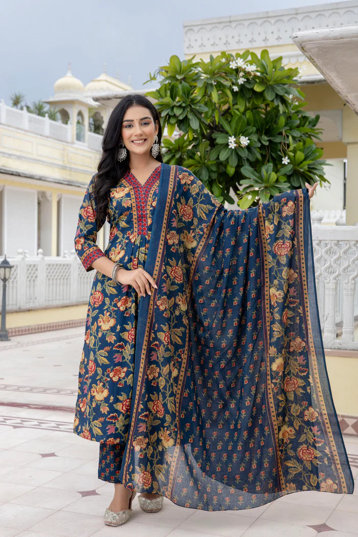 Blue Cotton Printed Kurta And Pant With Mulmul Dupatta For Women