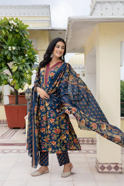 Blue Cotton Printed Kurta And Pant With Mulmul Dupatta For Women