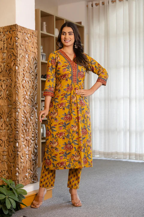 Yellow Cotton Printed Kurta and Pant With Cotton Mulmul Dupatta For Women
