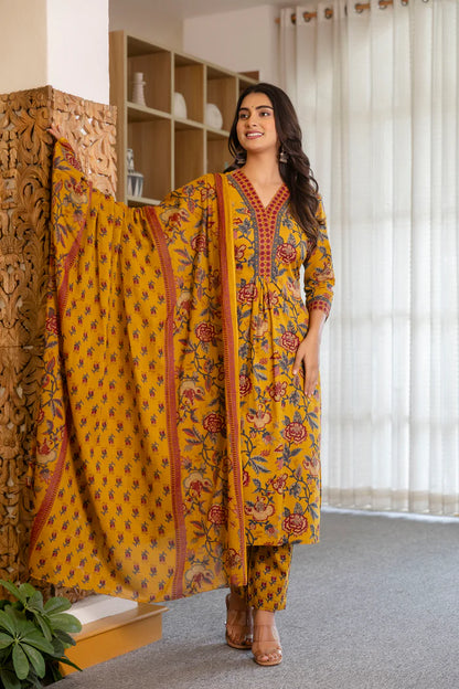 Yellow Cotton Printed Kurta and Pant With Cotton Mulmul Dupatta For Women