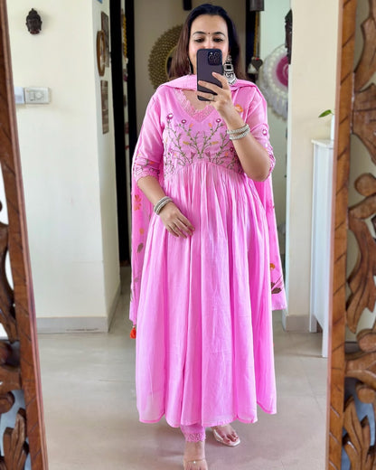 Pink Pure Cotton Kurta and Pants With Dupatta | For Women