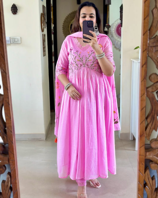 Pink Pure Cotton Kurta and Pants With Dupatta | For Women
