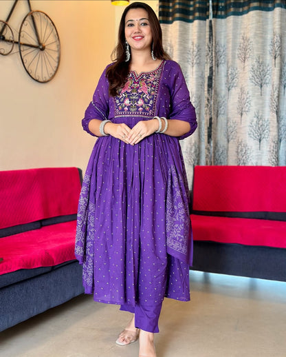 Purple Cotton Printed Kurta And Pant With Mulmul Dupatta | For Women