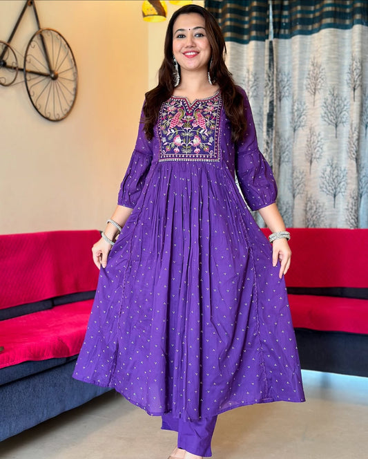 Purple Cotton Printed Kurta And Pant With Mulmul Dupatta | For Women