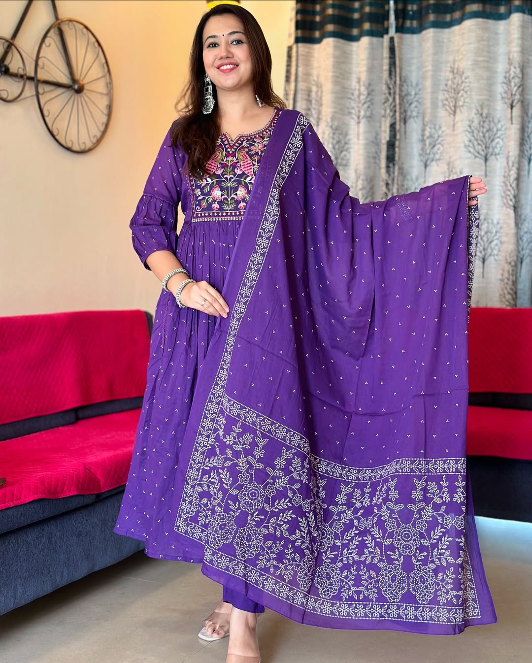 Purple Cotton Printed Kurta And Pant With Mulmul Dupatta | For Women