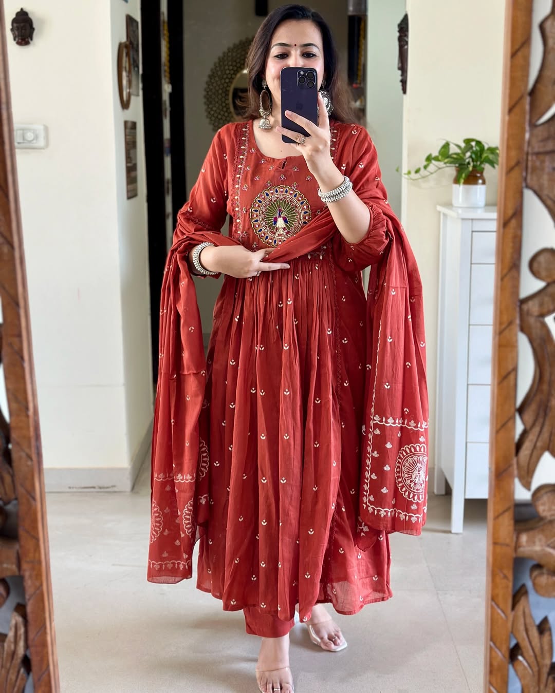 Orange Pure Cotton Embroidered Kurta and Pants with Dupatta For Women