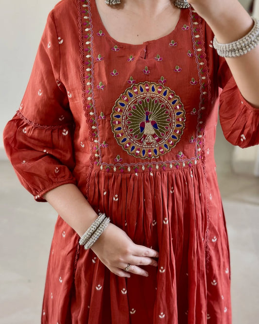 Orange Pure Cotton Embroidered Kurta and Pants with Dupatta For Women