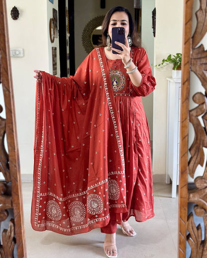 Orange Pure Cotton Embroidered Kurta and Pants with Dupatta For Women