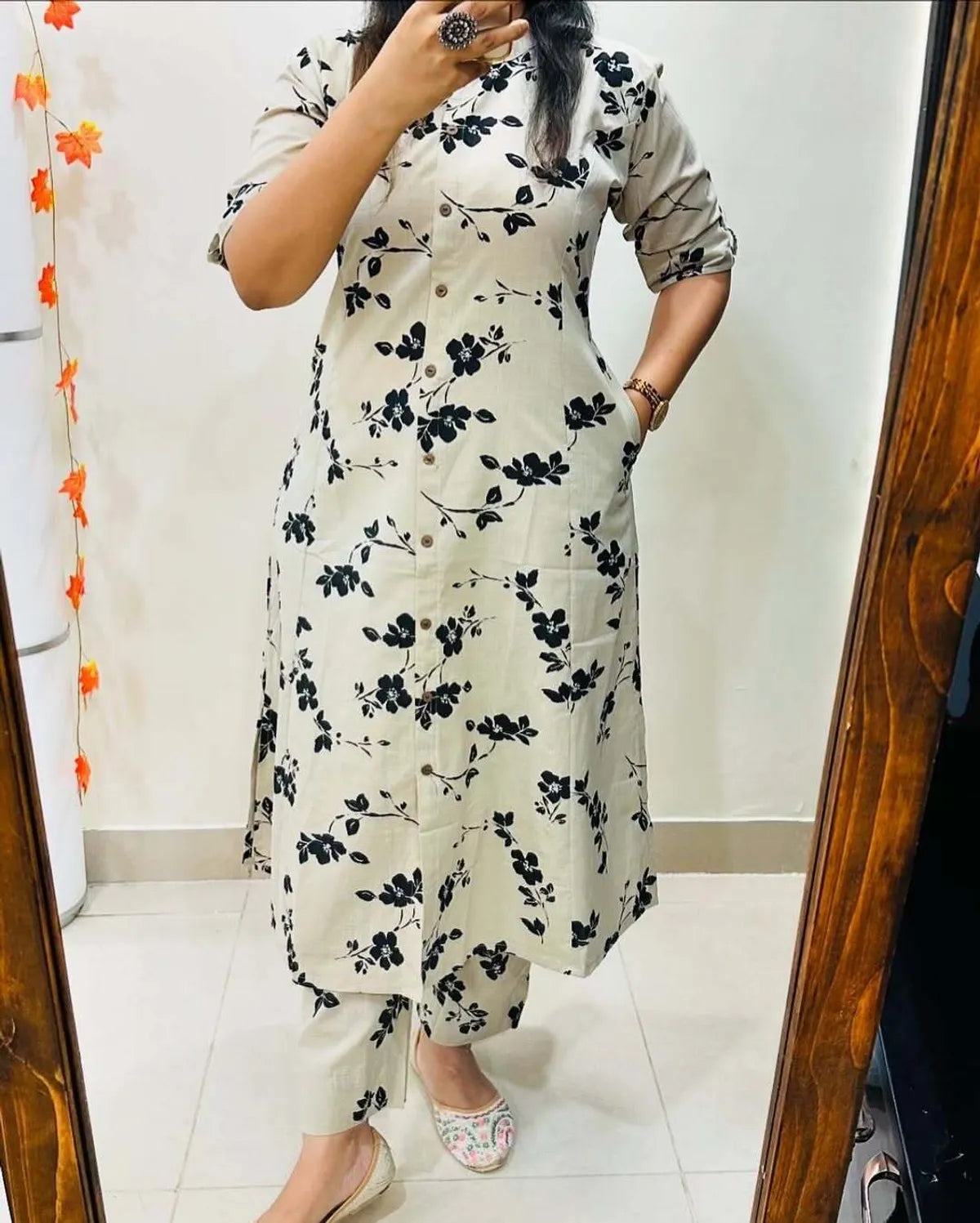 Cream Pure Cotton Printed Kurta And Pants For Women