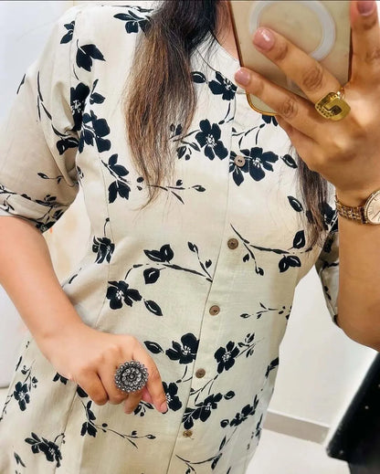 Cream Pure Cotton Printed Kurta And Pants For Women