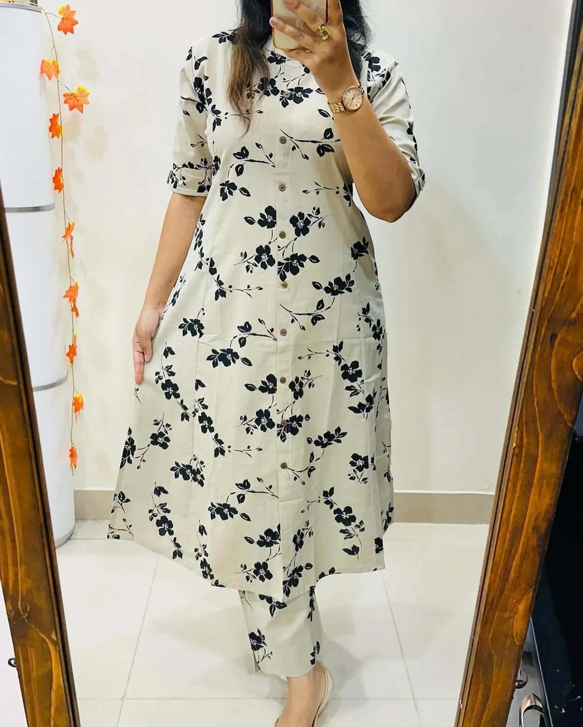 Cream Pure Cotton Printed Kurta And Pants For Women