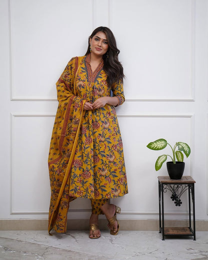 Yellow Pure Cotton Kurta and Pants With Dupatta | For Women