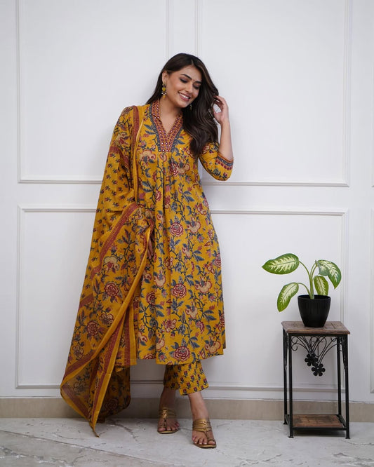 Yellow Pure Cotton Kurta and Pants With Dupatta | For Women