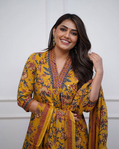 Yellow Pure Cotton Kurta and Pants With Dupatta | For Women