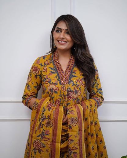 Yellow Pure Cotton Kurta and Pants With Dupatta | For Women