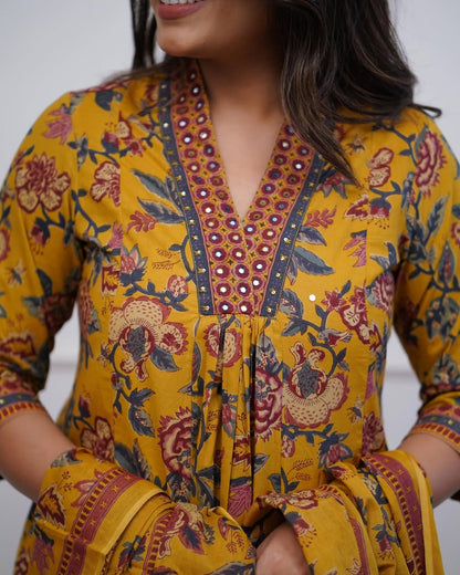 Yellow Pure Cotton Kurta and Pants With Dupatta | For Women