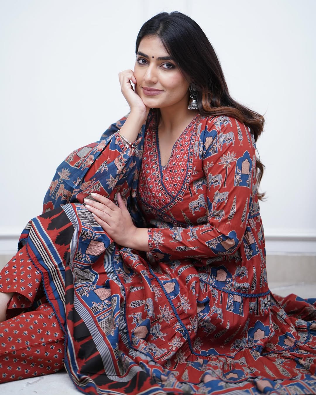 Red Cotton Printed Kurta and Pant With Cotton Mulmul Dupatta For Women