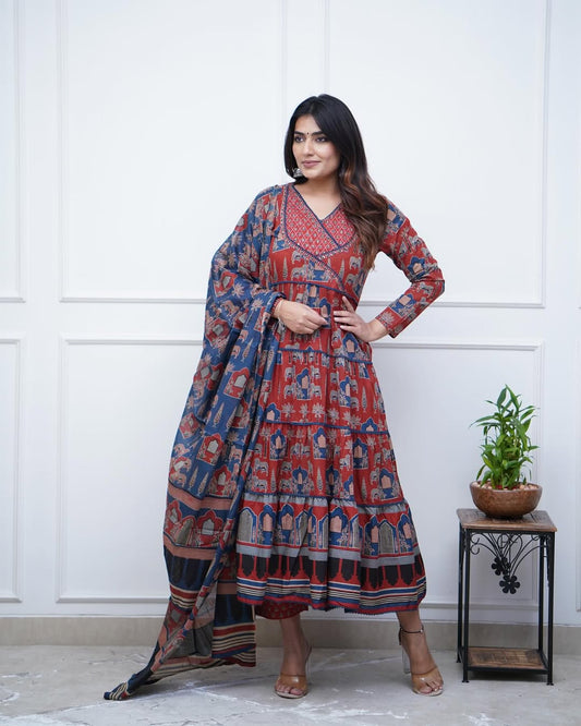 Maroon Cotton Work Sequence Katha Embroidered Printed Kurta With Pant And Dupatta For Women