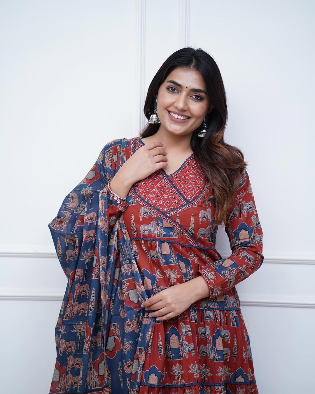 Red Cotton Printed Kurta and Pant With Cotton Mulmul Dupatta For Women