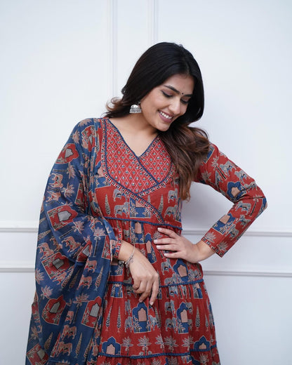 Red Cotton Printed Kurta and Pant With Cotton Mulmul Dupatta For Women