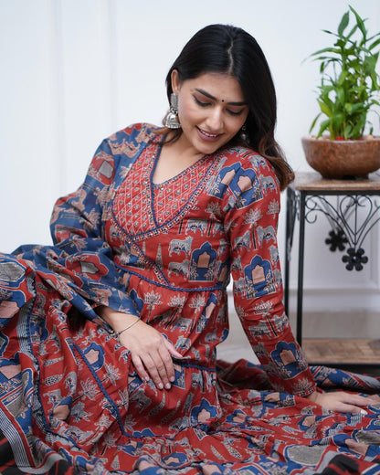 Red Cotton Printed Kurta and Pant With Cotton Mulmul Dupatta For Women