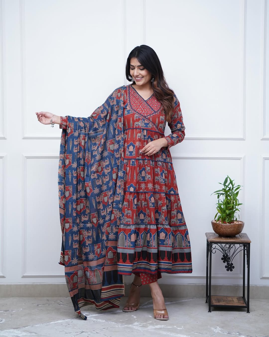 Red Cotton Printed Kurta and Pant With Cotton Mulmul Dupatta For Women