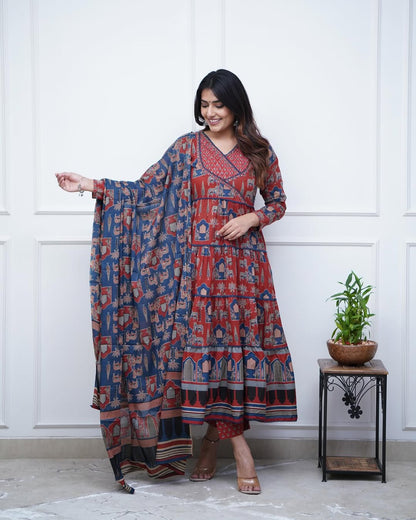 Red Cotton Printed Kurta and Pant With Cotton Mulmul Dupatta For Women