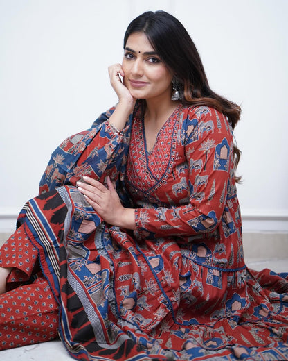 Maroon Cotton Work Sequence Katha Embroidered Printed Kurta With Pant And Dupatta For Women