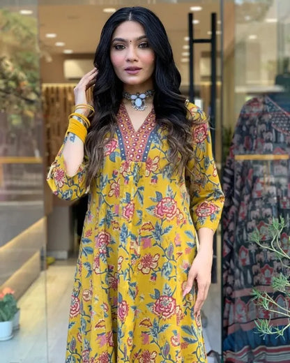 Yellow Cotton Printed Kurta and Pant With Cotton Mulmul Dupatta For Women