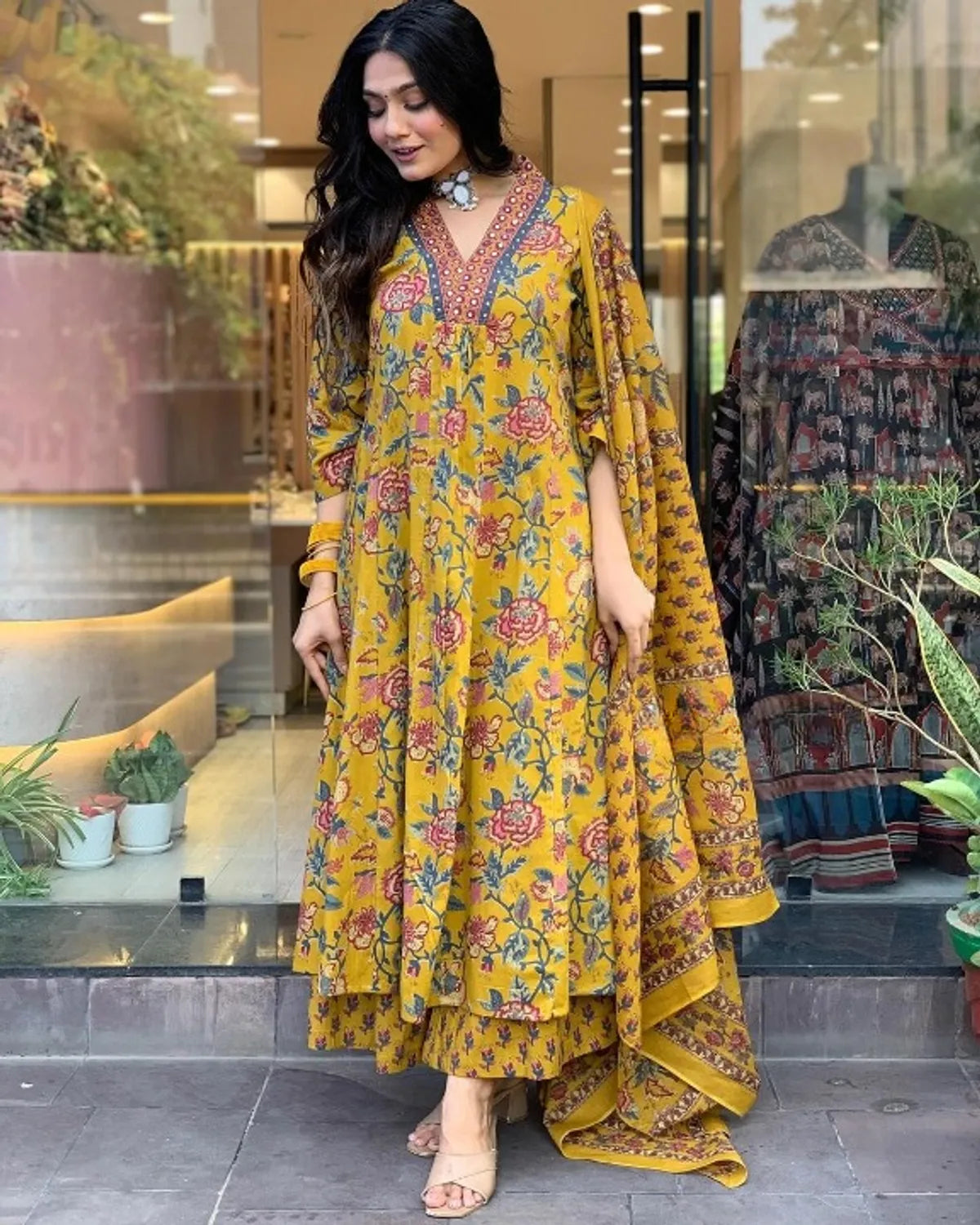 Yellow Cotton Printed Kurta and Pant With Cotton Mulmul Dupatta For Women