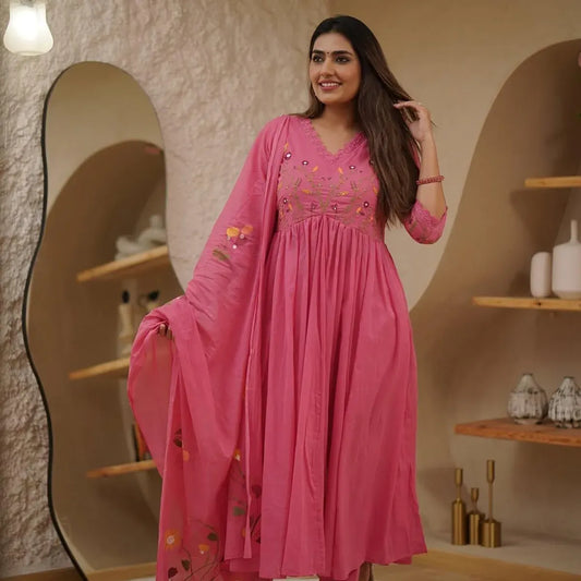 Peach Pure Cotton Kurta and Pants With Dupatta For Women